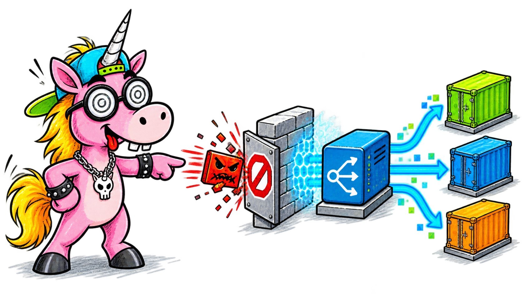 Une licorne Geekeries bloque un paquet web suspect avec CrowdSec Nginx Proxy Manager devant des conteneurs Docker