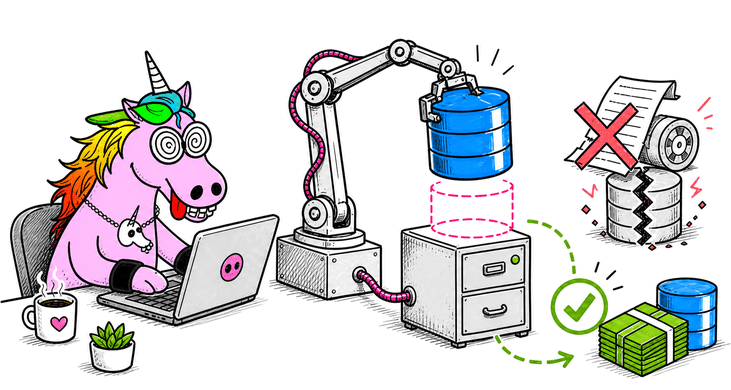 Une licorne rose contrôle le remplacement automatique d'un conteneur MariaDB et la sauvegarde de son volume persistant