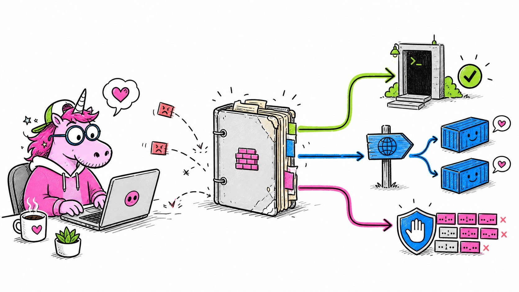 Licorne sysadmin réorganisant un ancien classeur de règles firewall en chemins SSH, Docker et blacklist IP