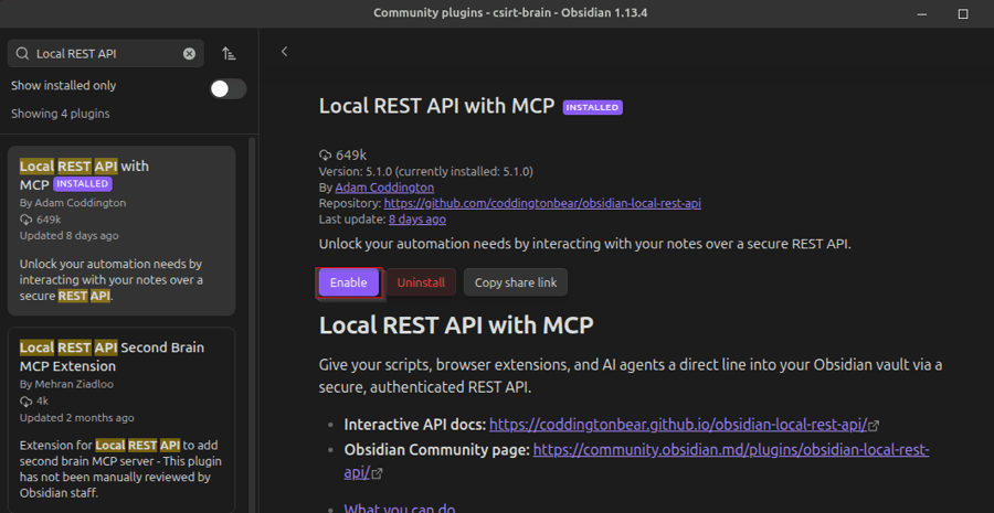 Installed Local REST API with MCP plugin with the Enable button highlighted.