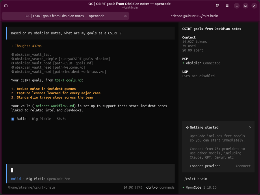 OpenCode using Obsidian MCP tools to read the vault and summarize the CSIRT goals.
