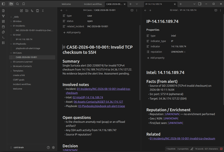 Obsidian displaying linked case and IP intelligence notes created from the Suricata checksum alert.