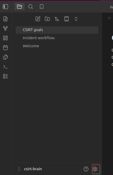 Obsidian sidebar with the Settings gear highlighted in the bottom-left corner.