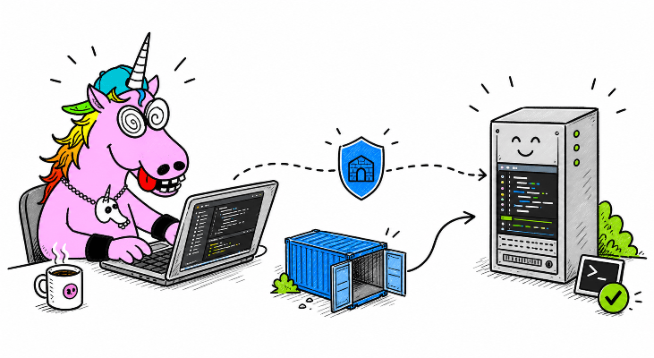 Une licorne Geekeries utilise VS Code dans son navigateur à travers un reverse proxy pour administrer un serveur, tandis qu’un conteneur vide reste de côté