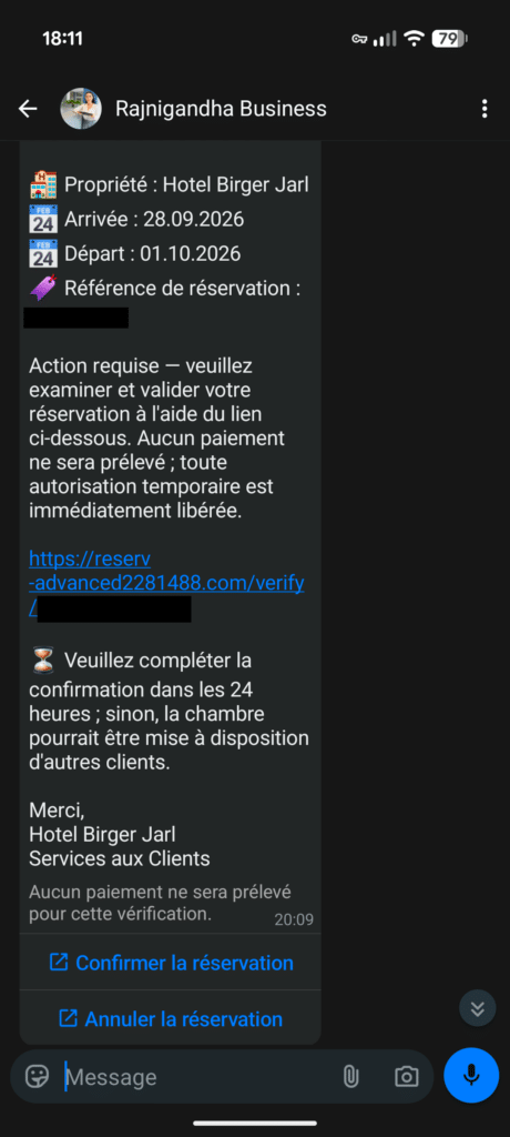 Message WhatsApp usurpant Hotel Birger Jarl, référence et identifiant du lien masqués.